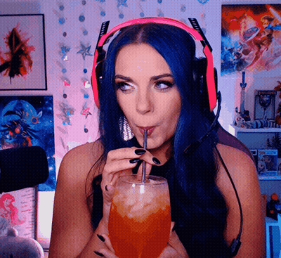 Blue-Haired Woman Drinking Through Straw GIF