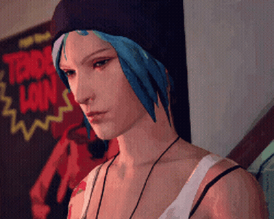 Blue-Haired Woman In Front Of Trade Loin Sign GIF