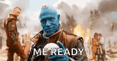 Blue-Headed Man Holding Helmet Says Me Ready GIF