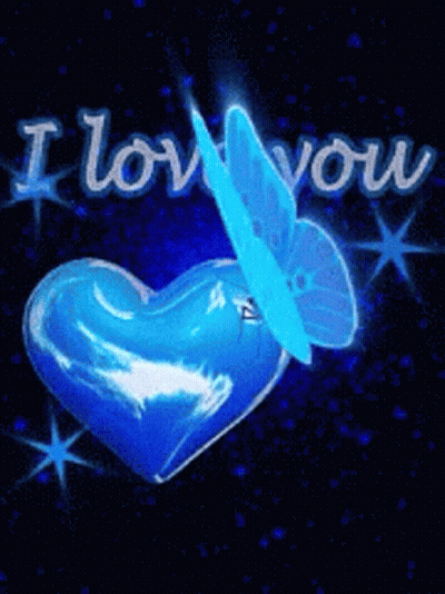 Blue Heart With Blue Butterfly Saying I Love You GIF
