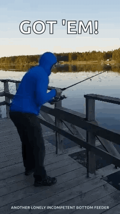 Blue Hoodie Man Fishing Dock Saying Got 'Em GIF