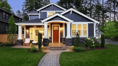 Blue House With Red Door And Brick Walkway GIF
