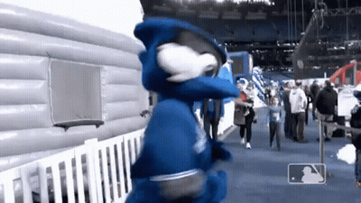 Blue Jay Mascot Standing In Front Of Crowd GIF
