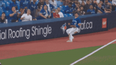 Blue Jays Baseball Player Catching Ball in Front of Crowd