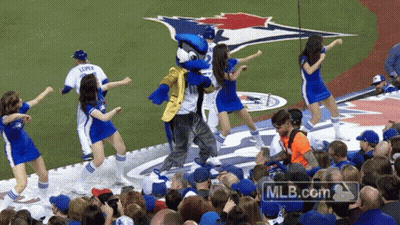 Blue Jays Mascot Dancing With Cheerleaders GIF