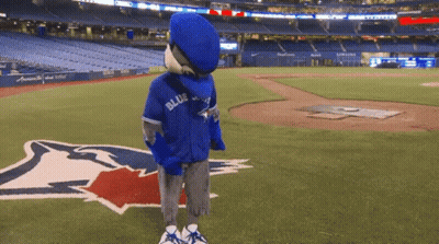 Blue Jays Mascot Standing On Baseball Field GIF