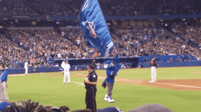Blue Jays Mascot Waving Blue Flag GIF