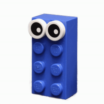 Blue Lego Brick With Googly Eyes And Teco GIF