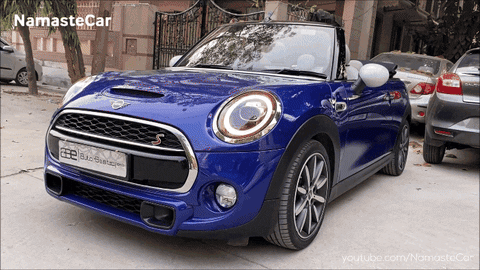 Blue Mini Cooper Parked In Front Of Fence With Words Namaste Car GIF