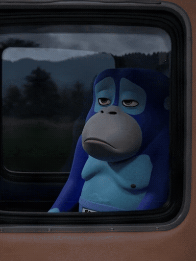 Blue Monkey With Ron Sign In Car GIF