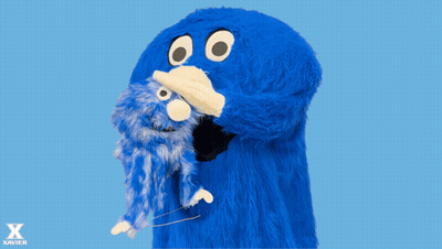 Blue Monster Holding Stuffed Animal Saying Nice Try GIF
