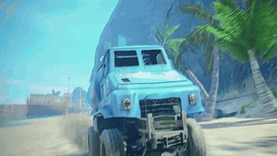 Blue Monster Truck Driving On Dirt Road Near Palm Trees GIF