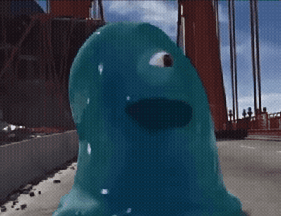 Blue Monster With Big Eye In Front Of Red Bridge GIF