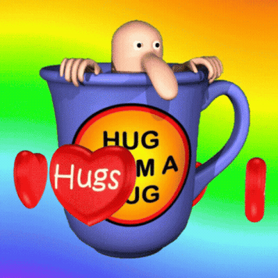 Blue Mug Saying Hugs GIF