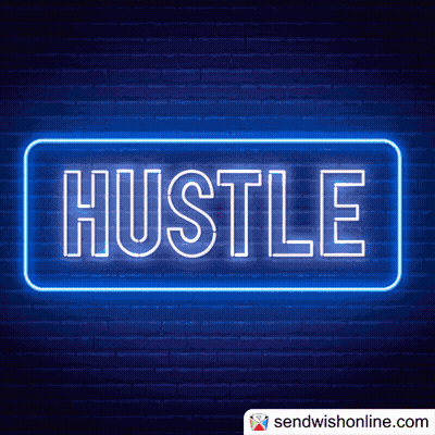 Blue Neon Hustle Sign On Brick Wall GIF