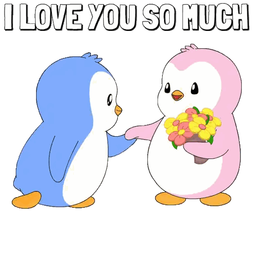 Pingüino azul regalando flores a pingüino rosa que dice Te amo muchísimo Sticker