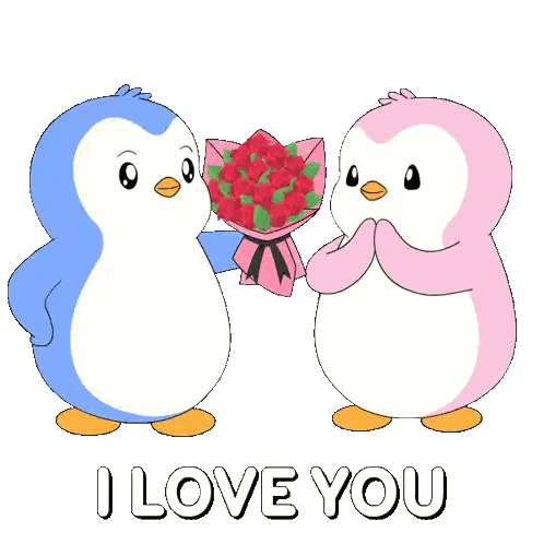 Blue Penguin Giving Roses To Pink Penguin I Love You Sticker