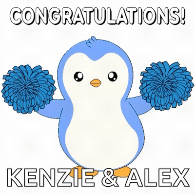 Blue Penguin Holding Blue Pom Poms Congratulations Kenzie & Alex GIF