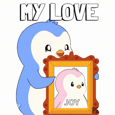 Blue Penguin Holding Picture Frame Saying My Love Joy GIF
