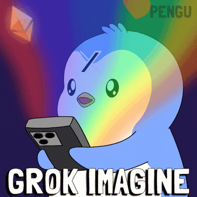 Blue Penguin Holding Remote Saying Grok Imagine GIF
