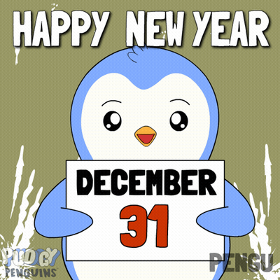 Blue Penguin Holding Sign Saying December 31 GIF
