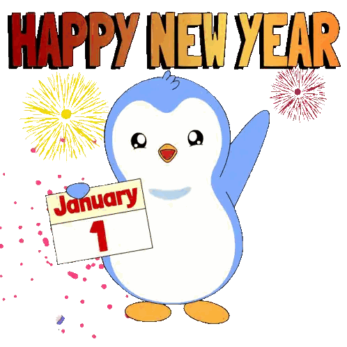 Pingüino azul sosteniendo cartel que dice enero 1 Sticker
