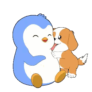 Blue Penguin Hugging Brown And White Puppy Sticker