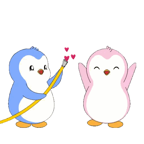 Blue Penguin Spraying Hearts At Pink Penguin Sticker