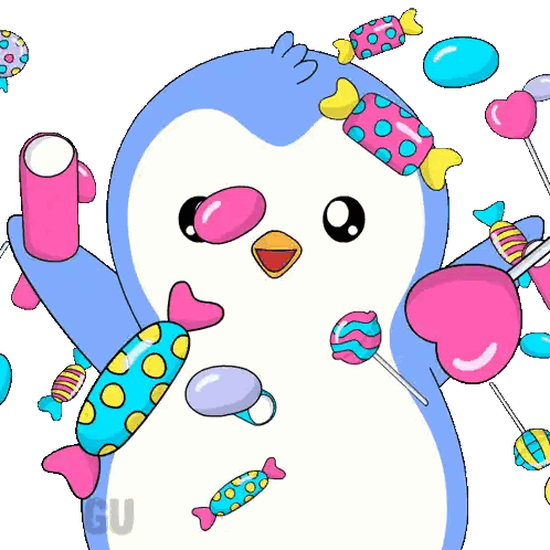 Blue Penguin Surrounded By Colorful Candies And Heart Sticker
