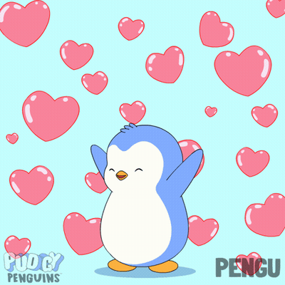 Blue Penguin With Pink Hearts And Pengu GIF