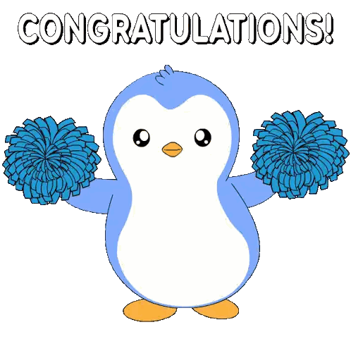 Blue Penguin With Pom Poms And Congratulations Sticker