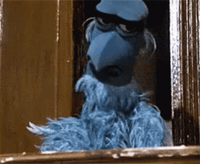 Blue Puppet Looking Out Window With Beard And Hat GIF