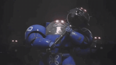 Blue Robot Holding Hammer With Smiley Face GIF