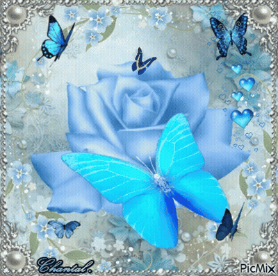 Blue Rose Surrounded By Blue Butterflies And Flowers GIF