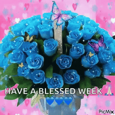 Blue Roses Bouquet With Butterflies Have A Blessed Week GIF