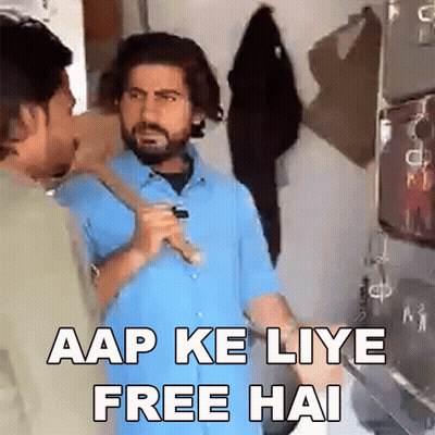 Blue Shirt Man Holding Stick, Another Says Aap Ke Liye Free Hai GIF