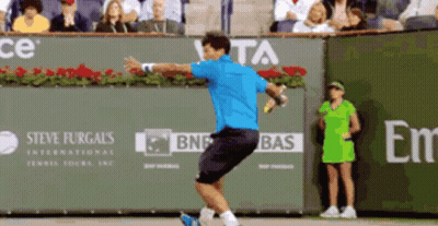 Blue Shirt Man Swinging Tennis Racquet At Steve Furgals Banner GIF