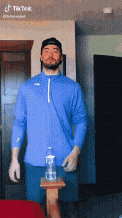 Blue Shirt Man With Gloves And Water Bottle GIF