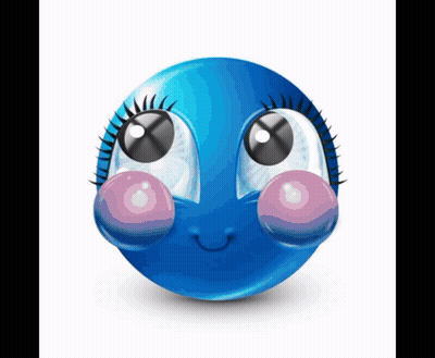 Blue Smiley Face With Big Eyes And Lashes Blowing Bubblegum GIF