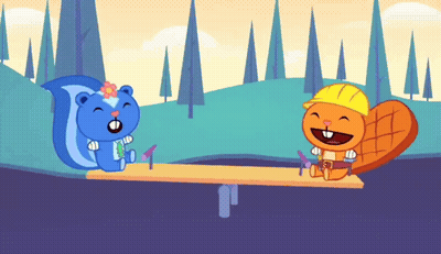 Blue Squirrel And Beaver On Seesaw GIF