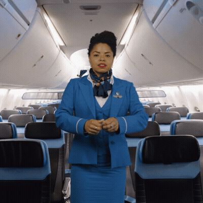 Blue Suit Flight Attendant With Scarf On Plane GIF