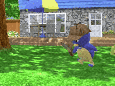 Blue Teddy Bear Detective With Knife In Front Of House GIF