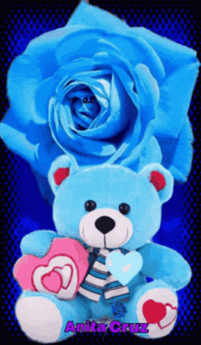 Blue Teddy Bear Holding Two Hearts And Blue Rose GIF