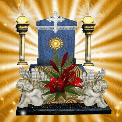 Blue Tombstone With Cross And Flowers In Front Of Two Angels GIF