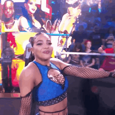 Blue Top Woman Dancing In Black Fishnet Gloves GIF