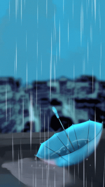 Blue Umbrella In Rain With City Background GIF