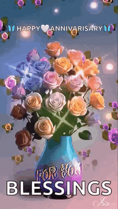Blue Vase With Colorful Roses Happy Anniversary Blessings GIF