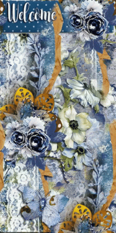 Blue Welcome Sign With Flowers And Butterflies GIF