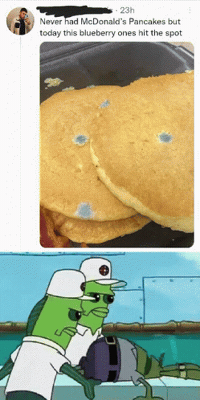 Blueberry Pancake Next To Man Holding McDonald's Pancake GIF