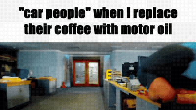 Blurred Hallway Car People Replace Coffee With Motor Oil GIF